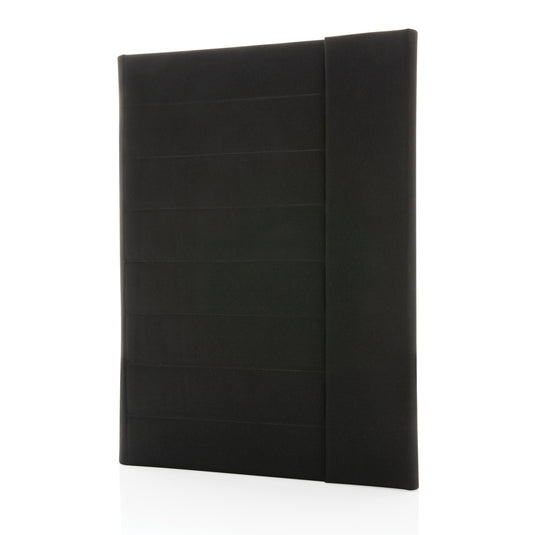 Impact Aware™ A4 portfolio with magnetic closure, black leather-like cover, designed by XD Xclusive for professional organization.