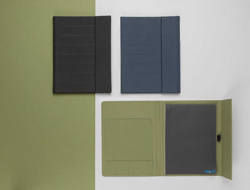 Load image into Gallery viewer, Impact Aware™ A4 portfolio by XD Xclusive with magnetic closure, featuring sleek black leather-like cover and interior pockets.
