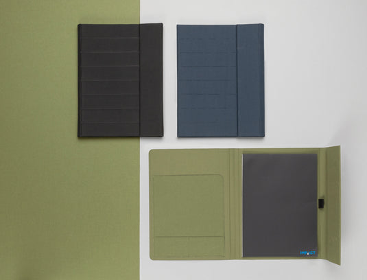 Impact Aware™ A4 portfolio by XD Xclusive with magnetic closure, featuring sleek black leather-like cover and interior pockets.