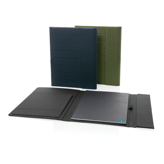 Impact Aware™ A4 portfolio by XD Xclusive with magnetic closure, showcasing sleek black leather exterior and organized interior pages.
