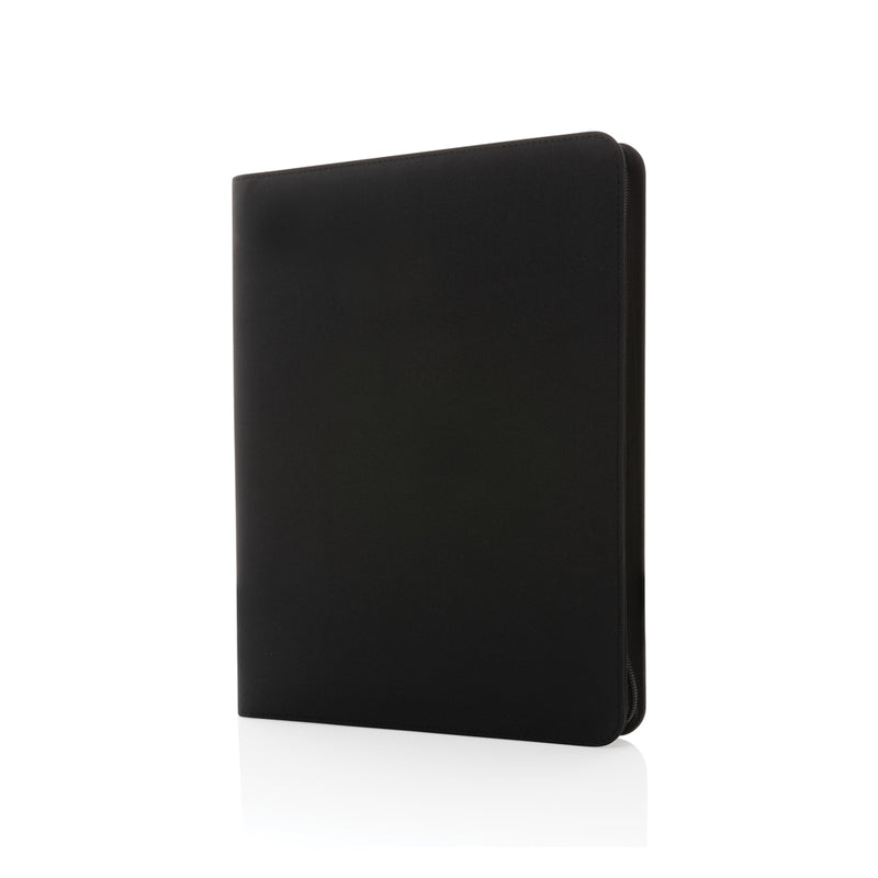 Load image into Gallery viewer, Impact Aware™ deluxe 300D tech portfolio with zipper from XD Collection, showing a sleek black portfolio with zipper closure.
