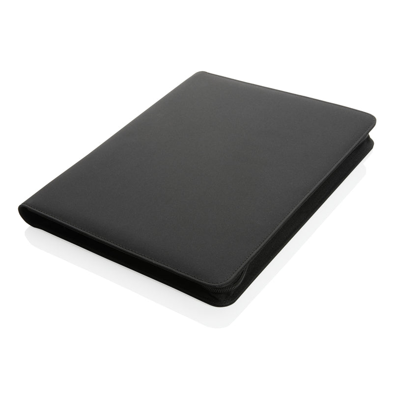 Load image into Gallery viewer, Impact Aware™ deluxe 300D tech portfolio with zipper by XD Collection, showing its sleek black exterior and zipper closure.
