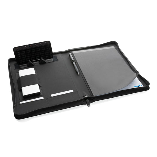Impact Aware™ deluxe 300D tech portfolio with zipper by XD Collection, showing a sleek black portfolio open with compartments for tech accessories.