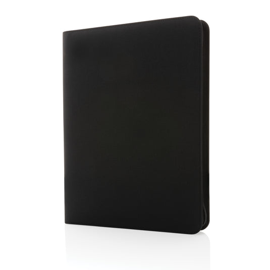 Impact Aware™ deluxe 300D tech portfolio by XD Collection with zipper, showing multiple compartments and sleek black design.
