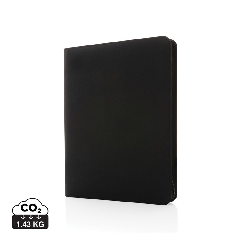 Load image into Gallery viewer, Impact Aware™ deluxe 300D tech portfolio with zipper by XD Collection, featuring a sleek black exterior and multiple compartments.
