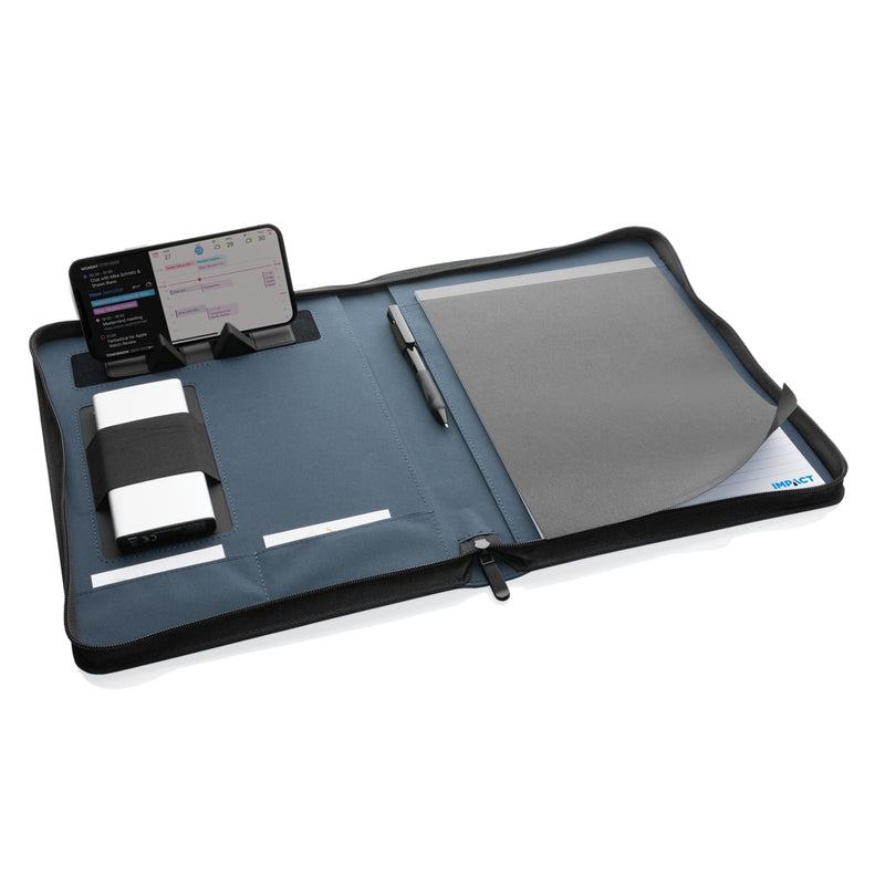 Load image into Gallery viewer, Impact Aware™ deluxe 300D tech portfolio with zipper from XD Collection, showing black exterior with zipper closure and organizational compartments.

