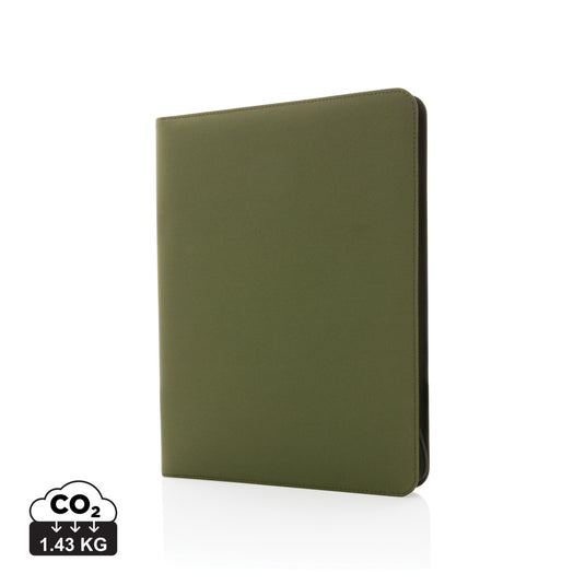Impact Aware™ deluxe 300D tech portfolio with zipper from XD Collection, showing a sleek black portfolio with zip closure and compartments.