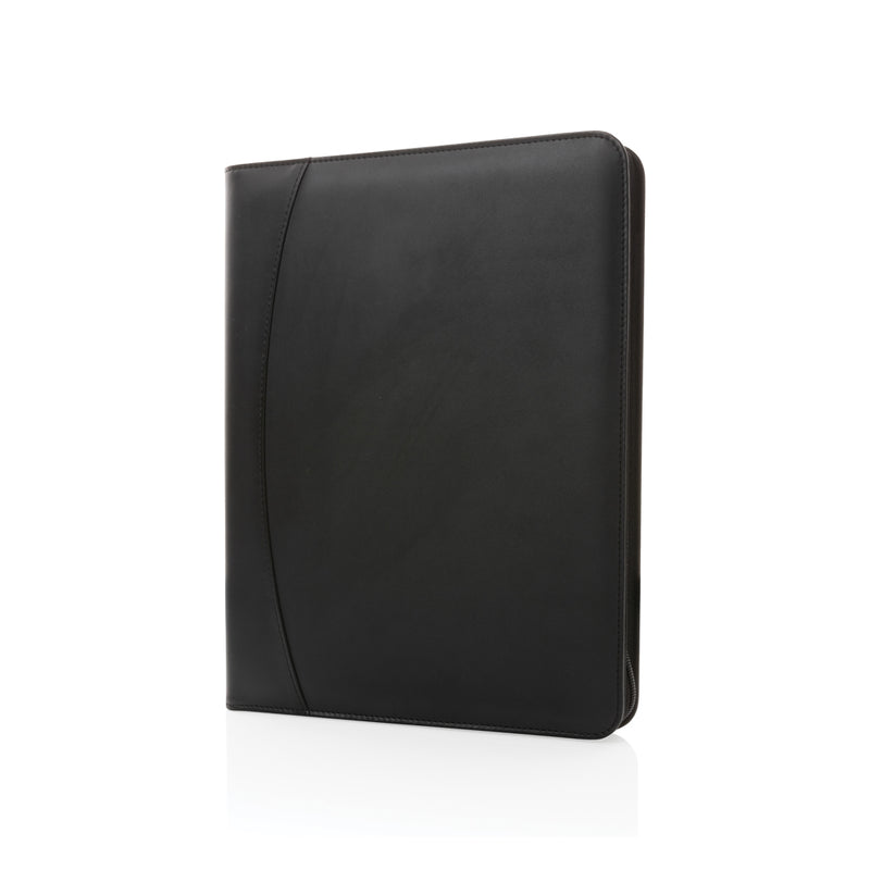 Load image into Gallery viewer, XD Collection RCS rPU deluxe tech portfolio with zipper, black leather-like material, front zipper pocket and multiple compartments.
