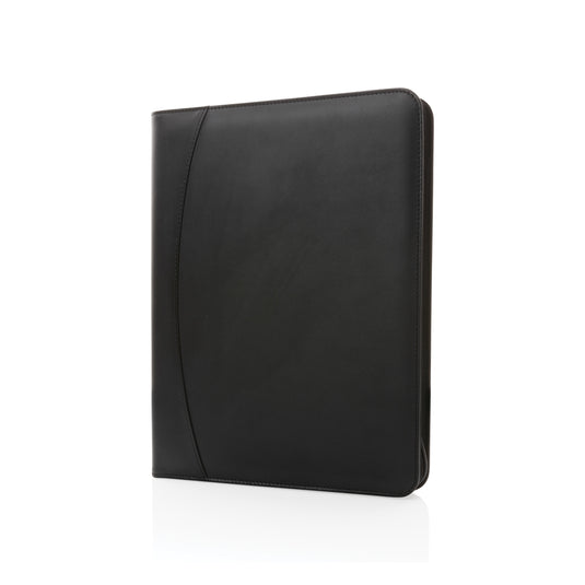 XD Collection RCS rPU deluxe tech portfolio with zipper, black leather-like material, front zipper pocket and multiple compartments.