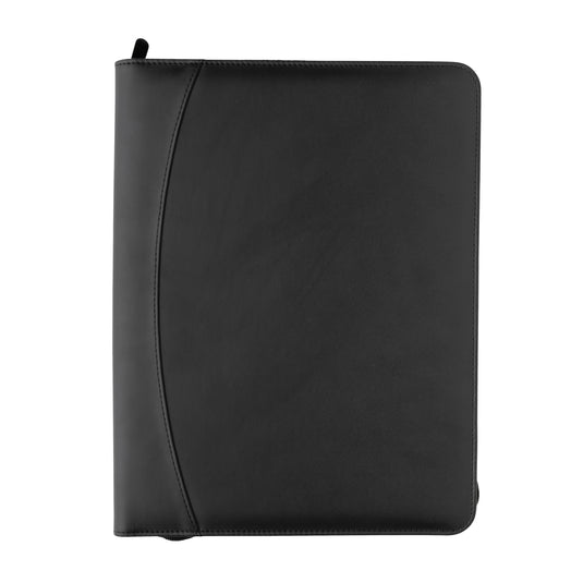 XD Collection RCS rPU deluxe tech portfolio with zipper, black leather-style cover and multiple compartments for electronics and documents.