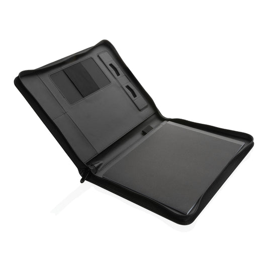 Black RCS rPU deluxe tech portfolio with zipper by XD Collection, featuring multiple compartments and a sleek design for professionals.