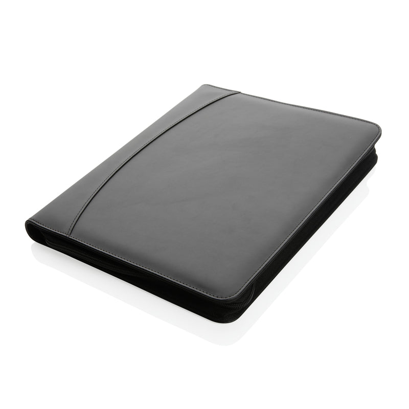 Load image into Gallery viewer, XD Collection RCS rPU deluxe tech portfolio with zipper, black leather-like material, multiple compartments, and a sturdy zipper closure.
