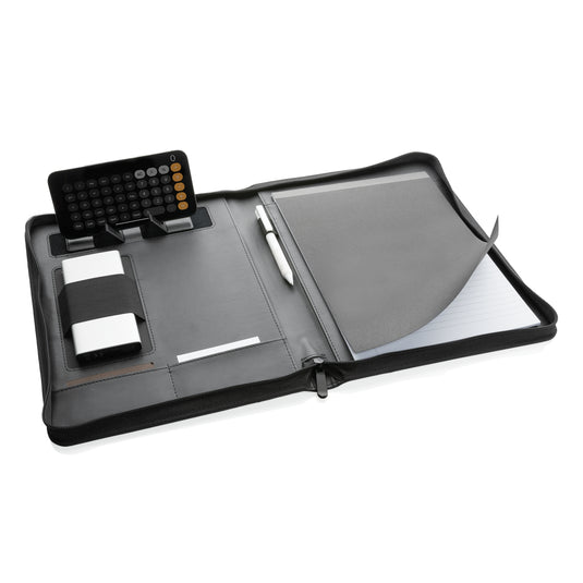 XD Collection RCS rPU deluxe tech portfolio with zipper, black leather-style portfolio for documents and tech accessories.