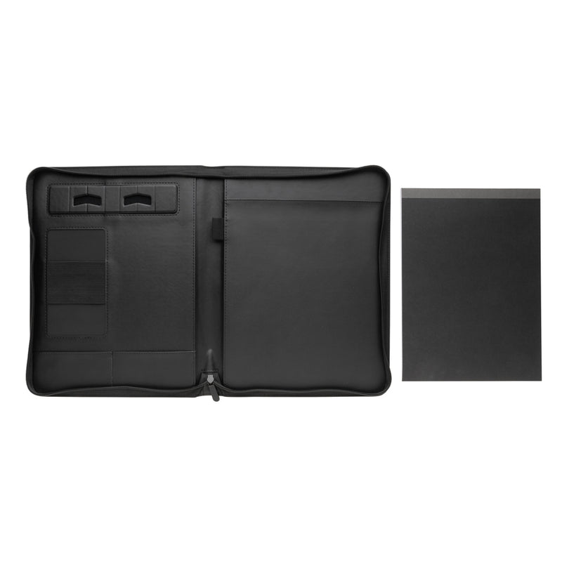 Load image into Gallery viewer, XD Collection RCS rPU deluxe tech portfolio with zipper, black leather-style cover, multiple compartments for documents and devices.
