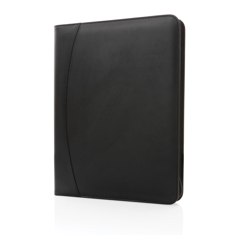 Load image into Gallery viewer, XD Collection RCS rPU deluxe tech portfolio with zipper, black leather-style exterior, multiple compartments, and sleek design.
