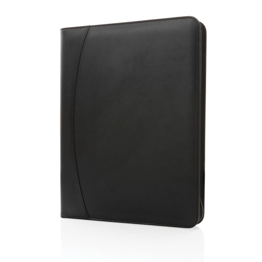 XD Collection RCS rPU deluxe tech portfolio with zipper, black leather-style exterior, multiple compartments, and sleek design.