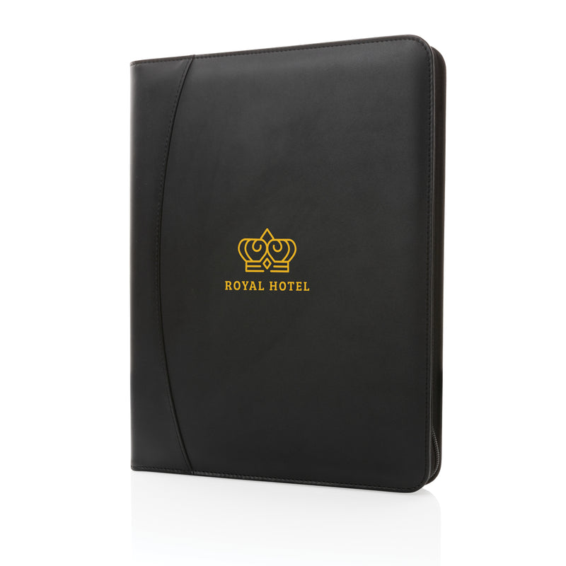 Load image into Gallery viewer, XD Collection RCS rPU deluxe tech portfolio with zipper, black leather-style portfolio with multiple compartments for notebooks and tech accessories.
