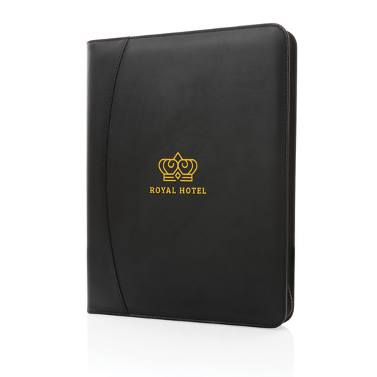 XD Collection RCS rPU deluxe tech portfolio with zipper, black leather-style portfolio with multiple compartments for notebooks and tech accessories.
