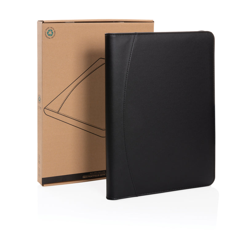 Load image into Gallery viewer, XD Collection RCS rPU deluxe tech portfolio with zipper, black leather-style material, multiple compartments for tech accessories.

