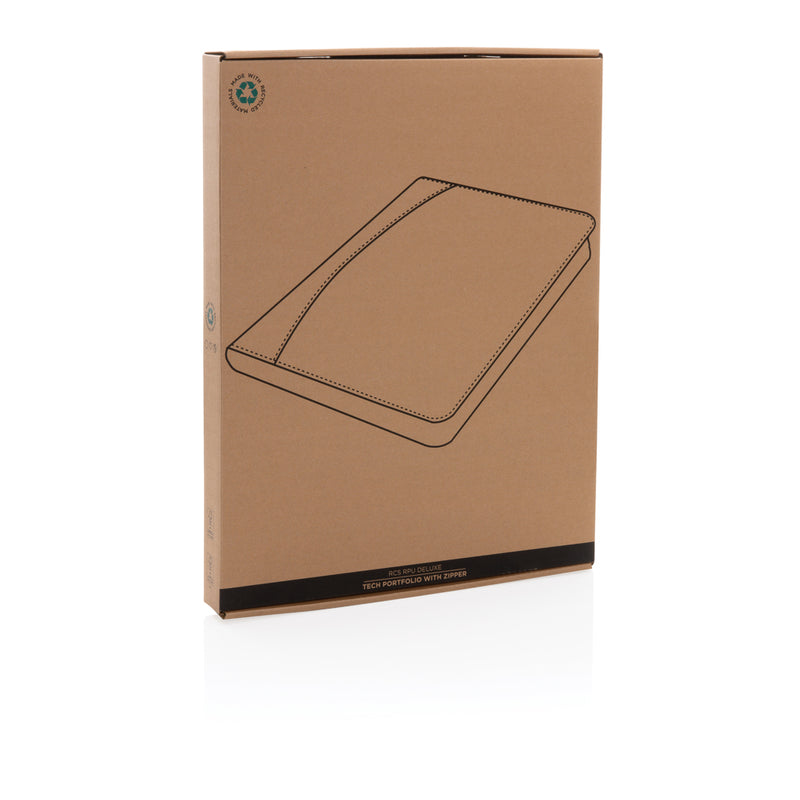Load image into Gallery viewer, XD Collection RCS rPU Deluxe Tech Portfolio with zipper, black leather-like material, open with interior compartments visible

