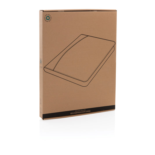 XD Collection RCS rPU Deluxe Tech Portfolio with zipper, black leather-like material, open with interior compartments visible