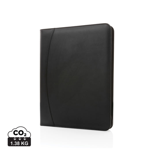 XD Collection RCS rPU deluxe tech portfolio with zipper, black leather-style portfolio with multiple compartments and zipper closure.