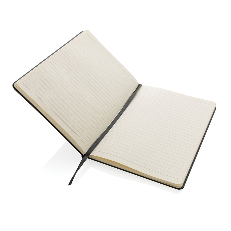Load image into Gallery viewer, A5 hardcover notebook from XD Collection with a sleek black cover, open to reveal lined pages inside.
