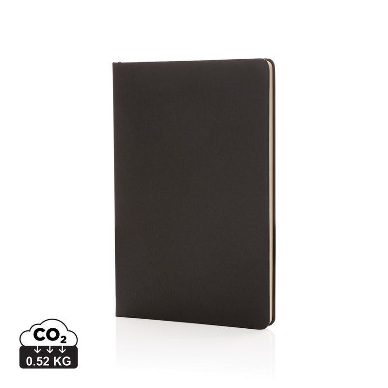 Load image into Gallery viewer, A5 hardcover notebook from XD Collection with a sleek black cover, open to show lined pages and elastic closure.
