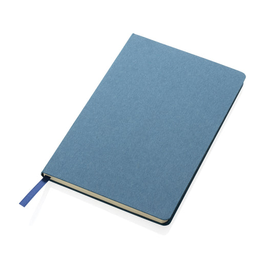 A5 hardcover notebook from XD Collection with a sleek black cover, open to show lined pages inside.
