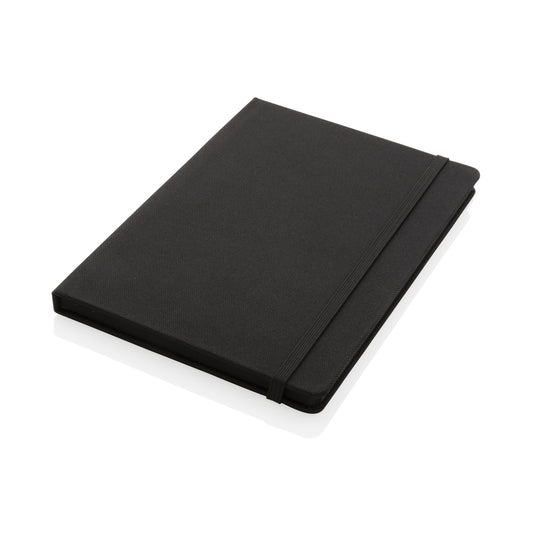 XD Collection GRS certified RPET A5 notebook with elastic band, eco-friendly portfolio for writing and note-taking.