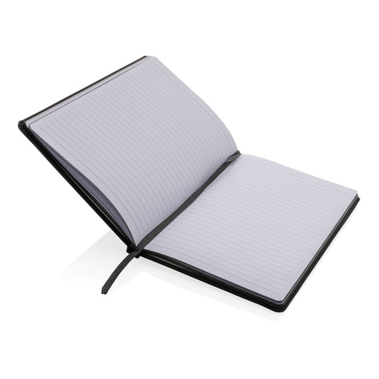 XD Collection GRS certified RPET A5 notebook with a sturdy cover and elastic band closure, perfect for note-taking and organization.