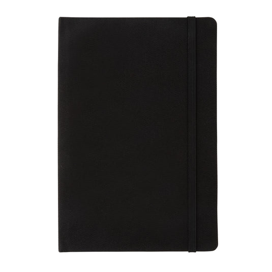 Gray GRS certified RPET A5 notebook from XD Collection, open with lined pages and elastic closure, for sustainable note-taking.