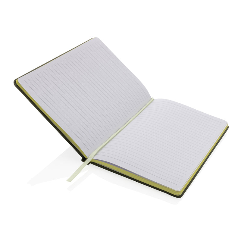 Load image into Gallery viewer, XD Collection GRS certified RPET A5 notebook with green cover and elastic band for organization and eco-friendly writing.
