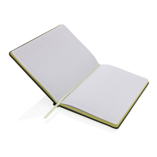 XD Collection GRS certified RPET A5 notebook with green cover and elastic band for organization and eco-friendly writing.