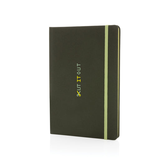 XD Collection GRS certified RPET A5 notebook with durable cover and spiral binding, showcasing eco-friendly design and interior pages.