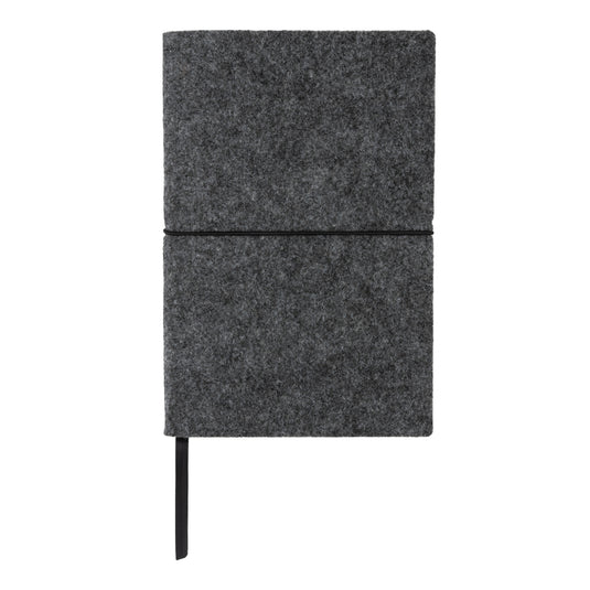 XD Collection GRS certified recycled felt A5 softcover notebook with elastic band and rounded corners, perfect for note-taking and journaling.