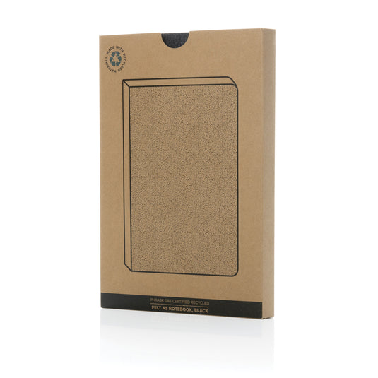 A green A5 notebook from XD Collection made with GRS certified recycled felt, featuring a textured cover and spiral binding.