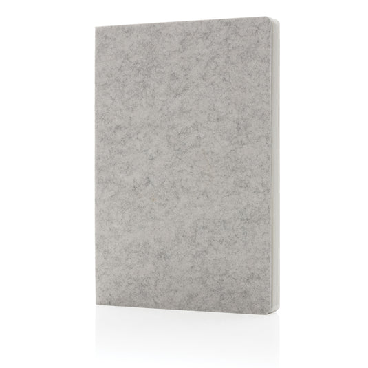 Recycled felt A5 notebook from XD Collection, GRS certified, with black cover and stitched binding for portfolios and note-taking.