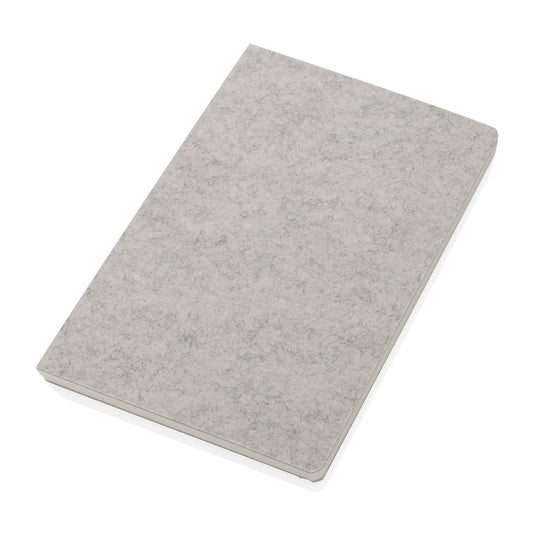 Recycled felt A5 notebook by XD Collection, GRS certified, with soft cover and stitched binding, suitable for note-taking and journaling.