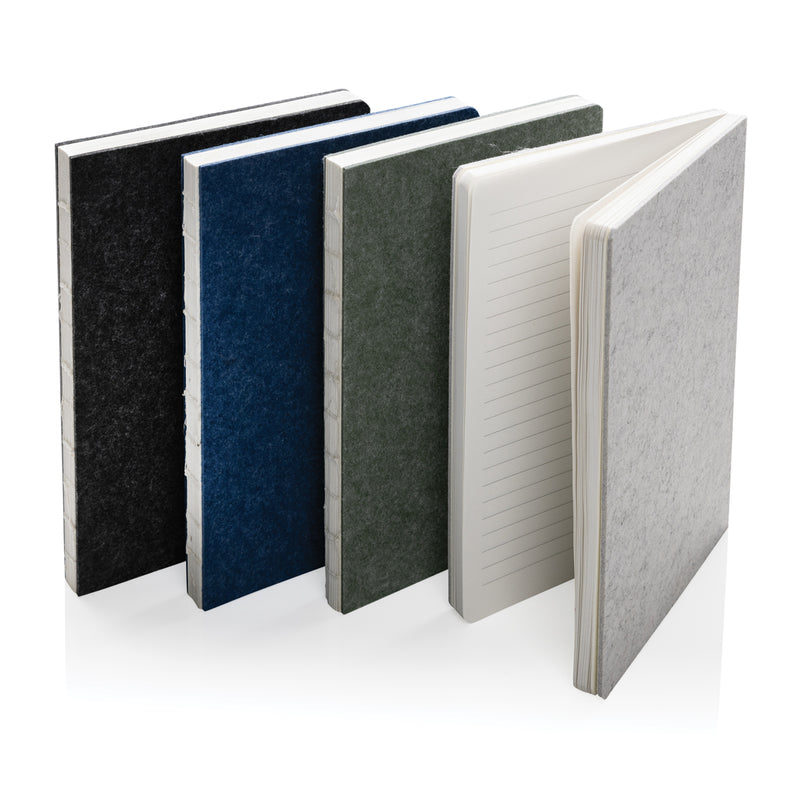 Load image into Gallery viewer, A5 recycled felt notebook from XD Collection with GRS certification, featuring a soft, eco-friendly felt cover and spiral binding.
