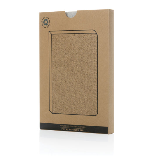 A5 recycled felt notebook from XD Collection with phrase design, eco-friendly GRS certified felt, ideal for portfolios and note-taking.