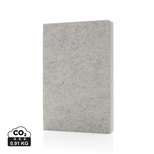 A5 recycled felt notebook from XD Collection, GRS certified, with a sleek design and natural fiber cover.