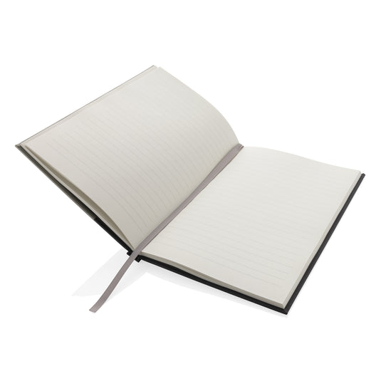 XD Collection Words GRS certified RPET and Kraft A5 notebook with a textured cover and elastic band closure.