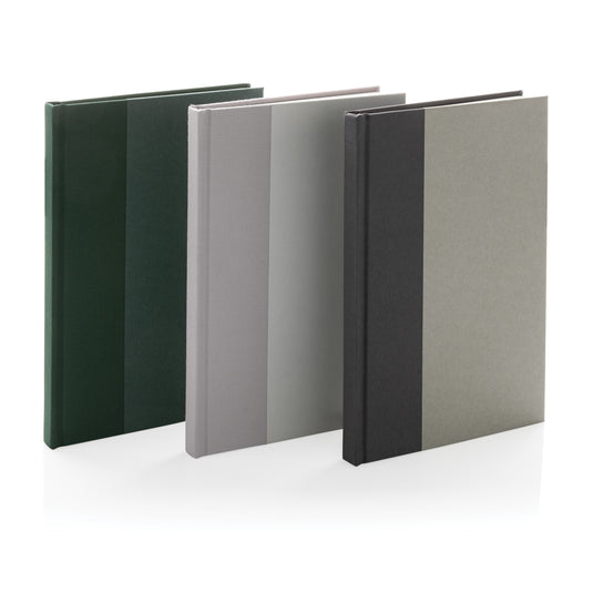 XD Collection Words GRS certified RPET and Kraft A5 notebook with a durable cover and elastic closure, shown on a white background.