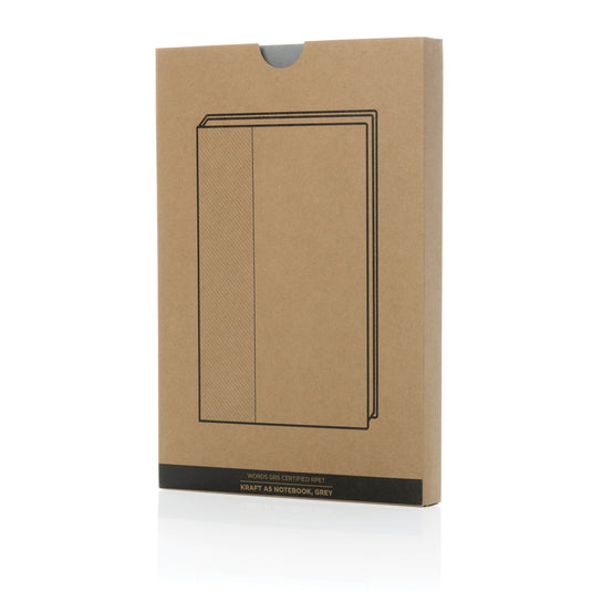 XD Collection Words GRS certified RPET and Kraft A5 notebook with textured cover and elastic closure.