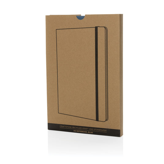 Craftstone A5 recycled kraft and stonepaper notebook from XD Collection, showcasing eco-friendly cover and open pages inside.