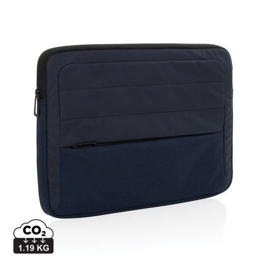 XD Xclusive Armond AWARE™ RPET 15.6 inch laptop sleeve in black with padded interior and zipper closure, designed for travel and protection.