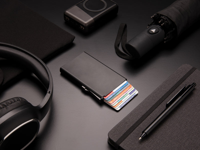 Load image into Gallery viewer, Aluminium RFID cardholder from XD Collection, compact travel bag with secure card storage and sleek design.

