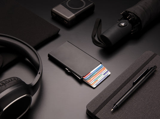 Aluminium RFID cardholder from XD Collection, compact travel bag with secure card storage and sleek design.