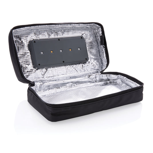 Portable UV-C steriliser pouch for phones and tablets with integrated battery, from XD Collection, shown open with device inside.
